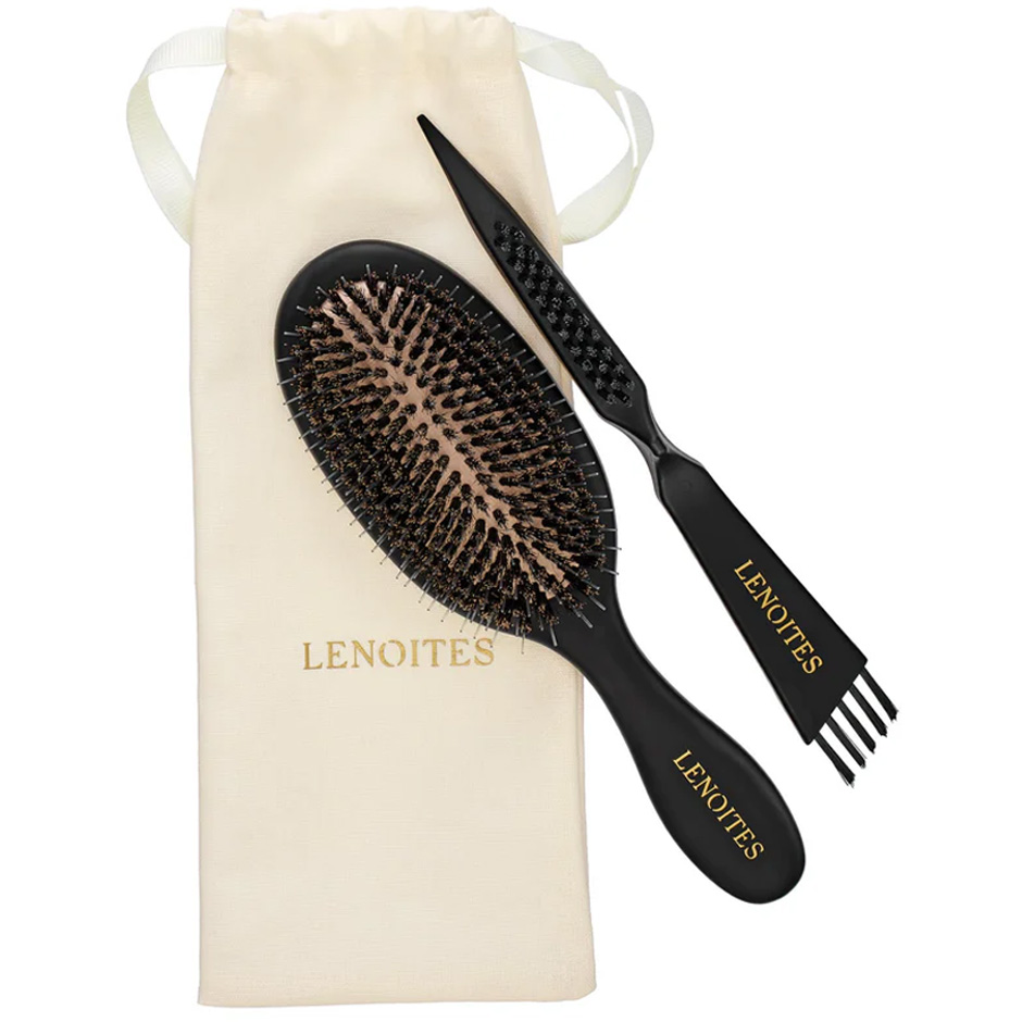 Lenoites Hair Brush Wild Boar + Pouch and cleaner tool Black