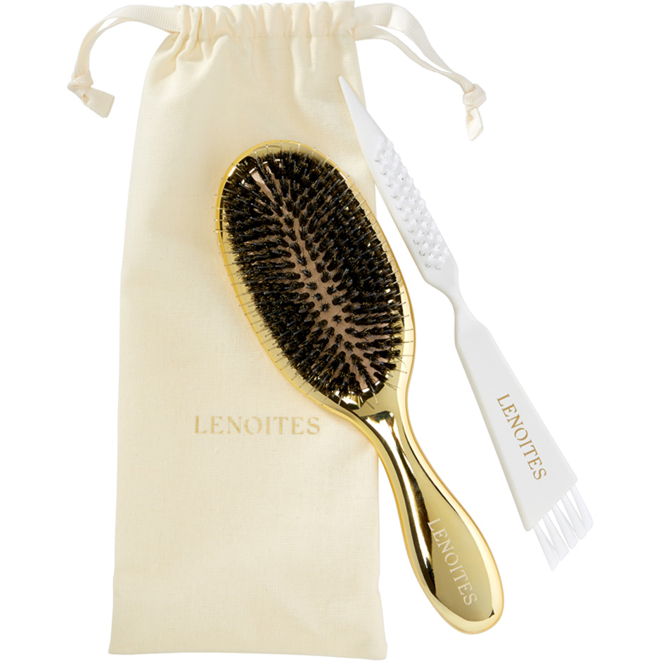 Lenoites Hair Brush Wild Boar With Pouch And Cleaner Tool Gold